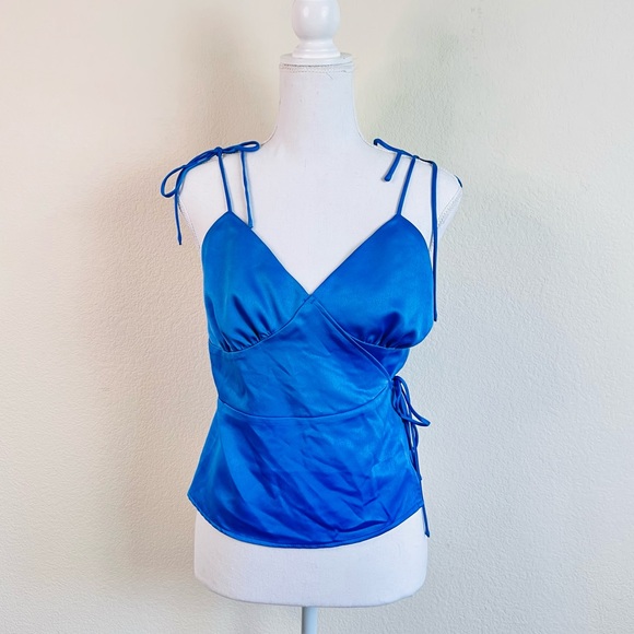 NWT Fashion Union Royal Blue Satin Wrap Self-Tie Peplum Cami Tank Top - Picture 3 of 12